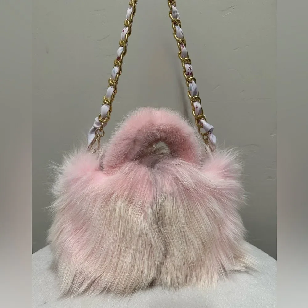 Handmade Real Fox Fur with Mink Fur Handle Satchel Bag, Includes 2 Strap Styles
